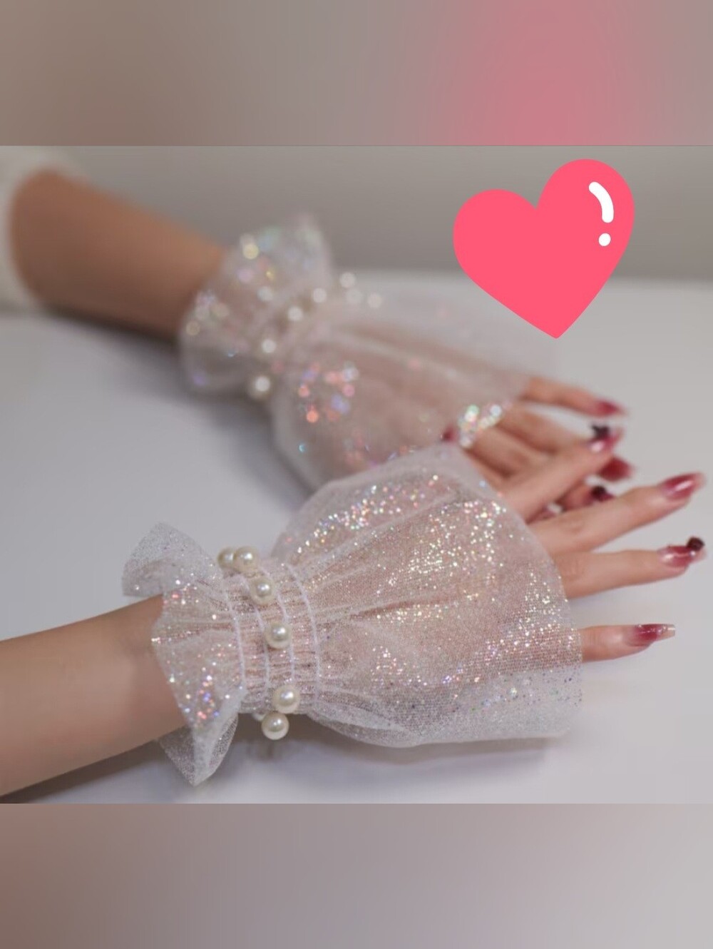 Pearl-Trim Sparkle Sheer Wrist Cuffs - White